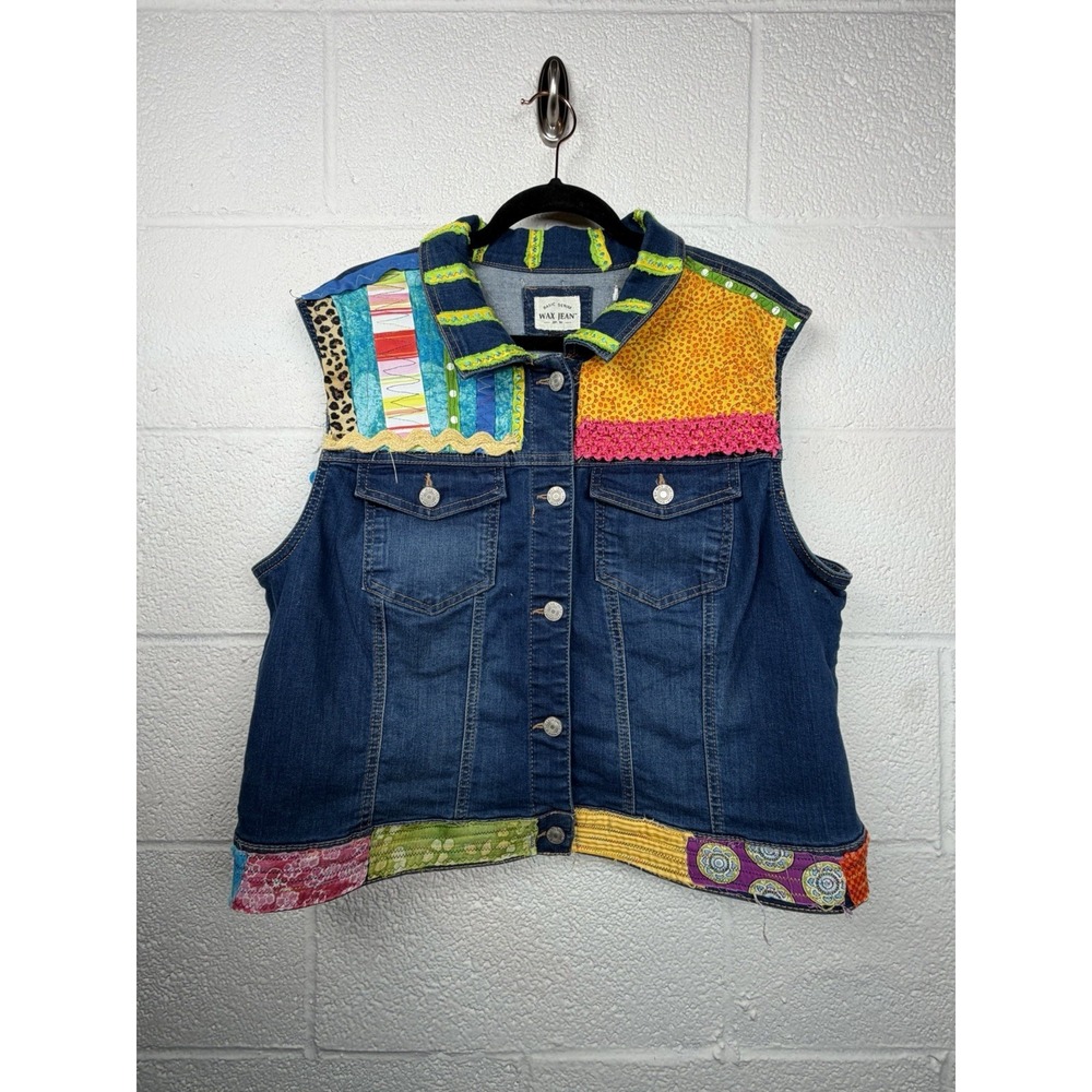 Wax Jean Denim Vest Womens L XL Patchwork Art to Wear Boho Embroidered Floral